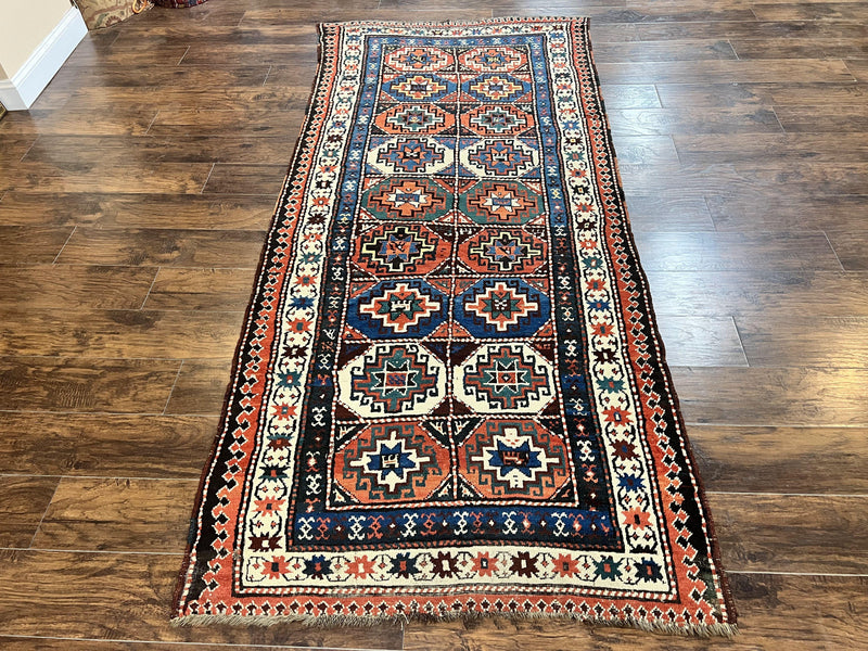 Antique Caucasian Kazak Runner Rug 4 x 9.5, Handmade Wool Rug for Hallway, Rare Colorful Panel Design Mid 19th Century 1870s Oriental Carpet by Jewel Rugs