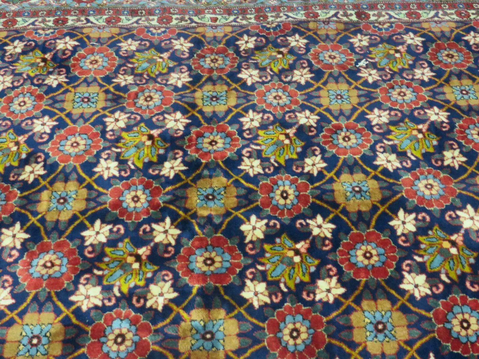 Navy Blue Antique Persian Rug 7x11, Veramin Mina Khani Repeated Allover Pattern, Vintage Authentic Hand Knotted Handmade Wool Room Sized Carpet by Jewel Rugs