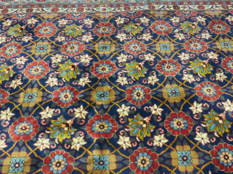 Navy Blue Antique Persian Rug 7x11, Veramin Mina Khani Repeated Allover Pattern, Vintage Authentic Hand Knotted Handmade Wool Room Sized Carpet by Jewel Rugs