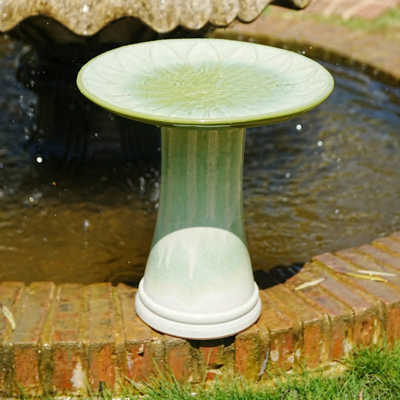 Handmade Glazed Ceramic Bird Bath with Daisy Petal Embossed Tray by HouseOfZazla
