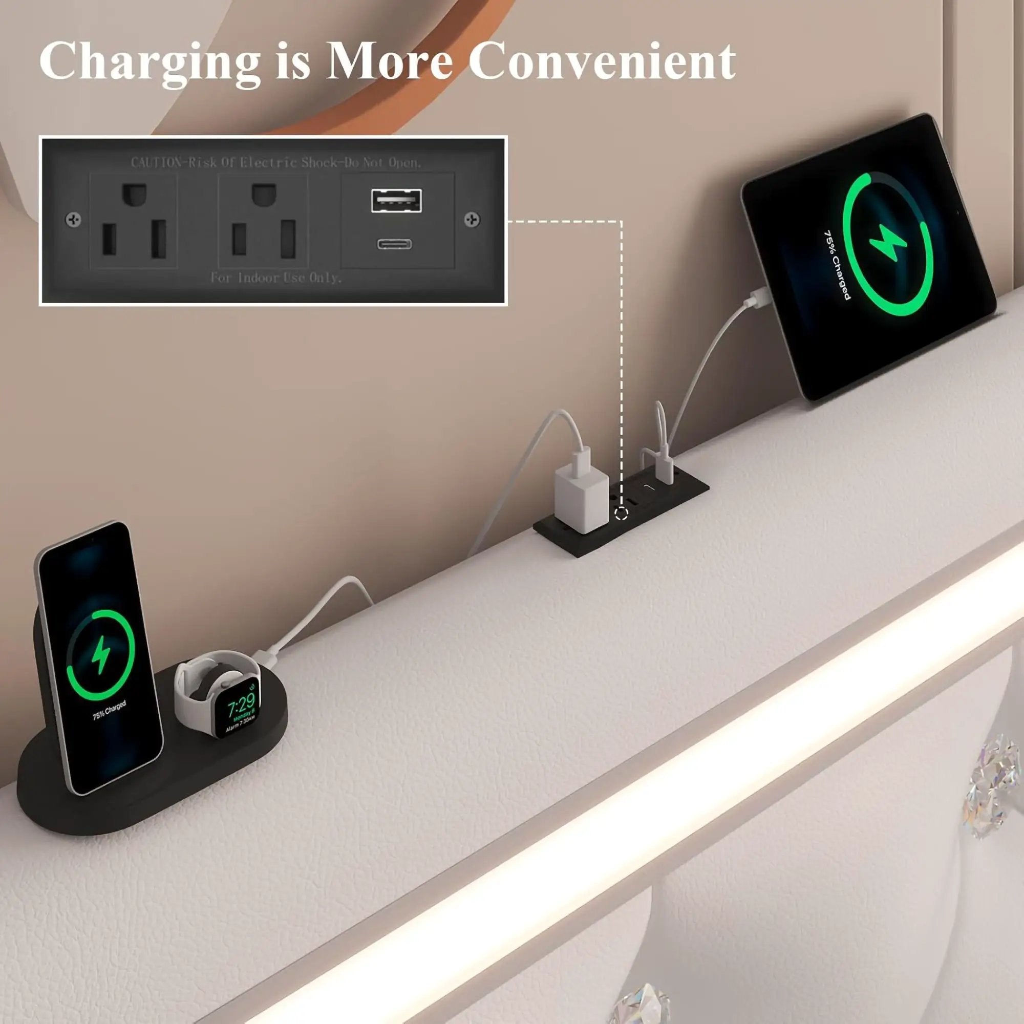 Wingback Upholstered Bed Frame With LED Lights, Charging Station by HouseOfZazla