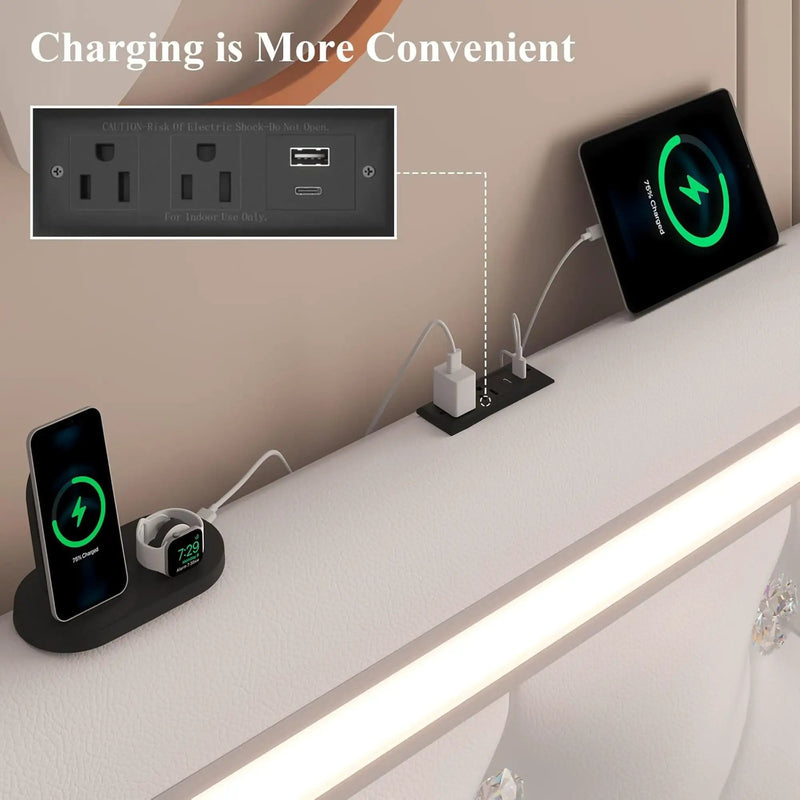 Wingback Upholstered Bed Frame With LED Lights, Charging Station by HouseOfZazla