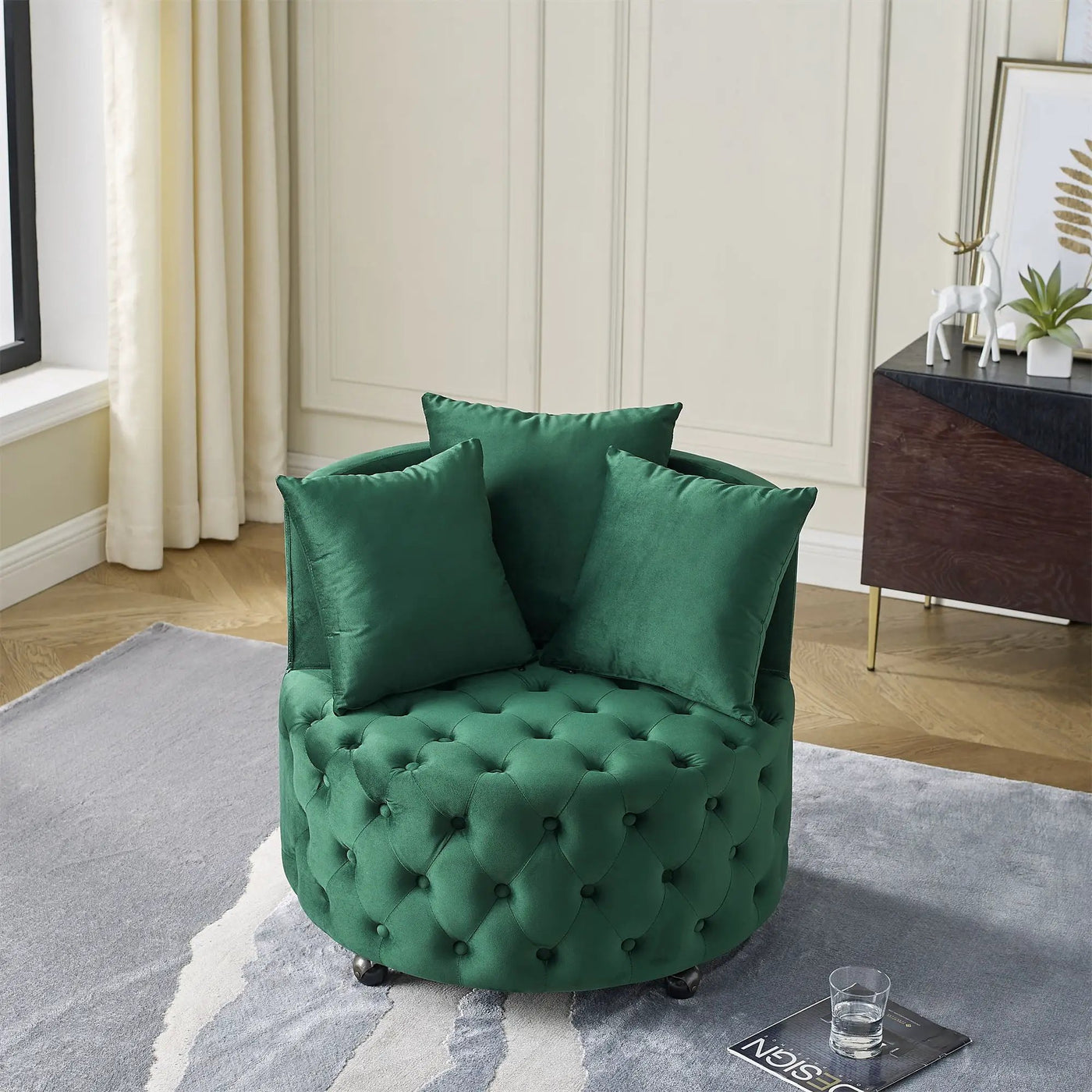 Modern Upholstered Swivel Chair With Button Tufted Design And Movable Wheels by Unique Piece Furniture