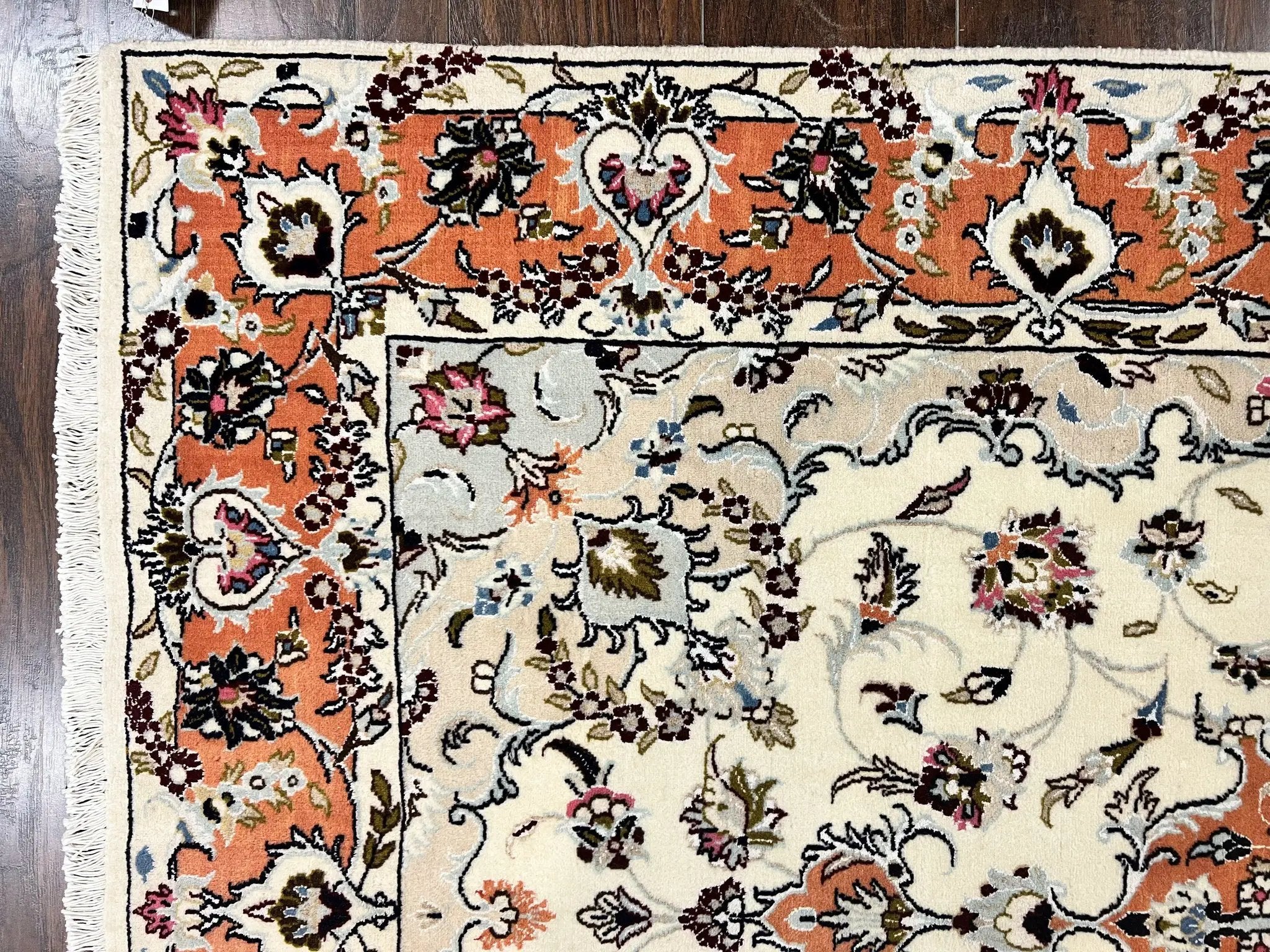 Persian Tabriz Rug 4.5 x 6.8, Finely Hand Knotted Wool with Silk Highlights Vintage Oriental Carpet, Cream and Salmon, High KPSI, Floral Medallion by Jewel Rugs