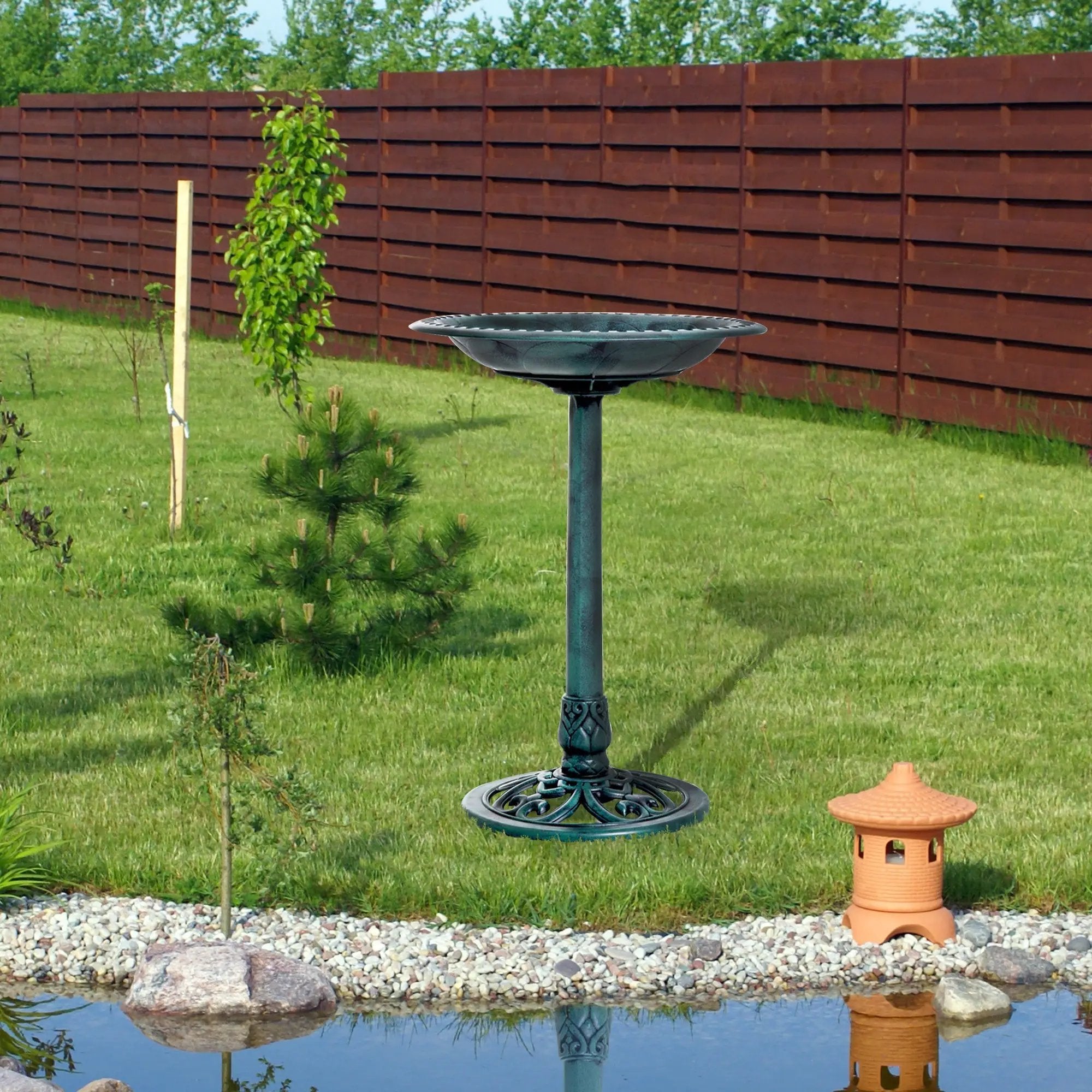 Outsunny 28'' Bird Bath Outdoor Resin Decor with Fleur De Lis Pattern by HouseOfZazla