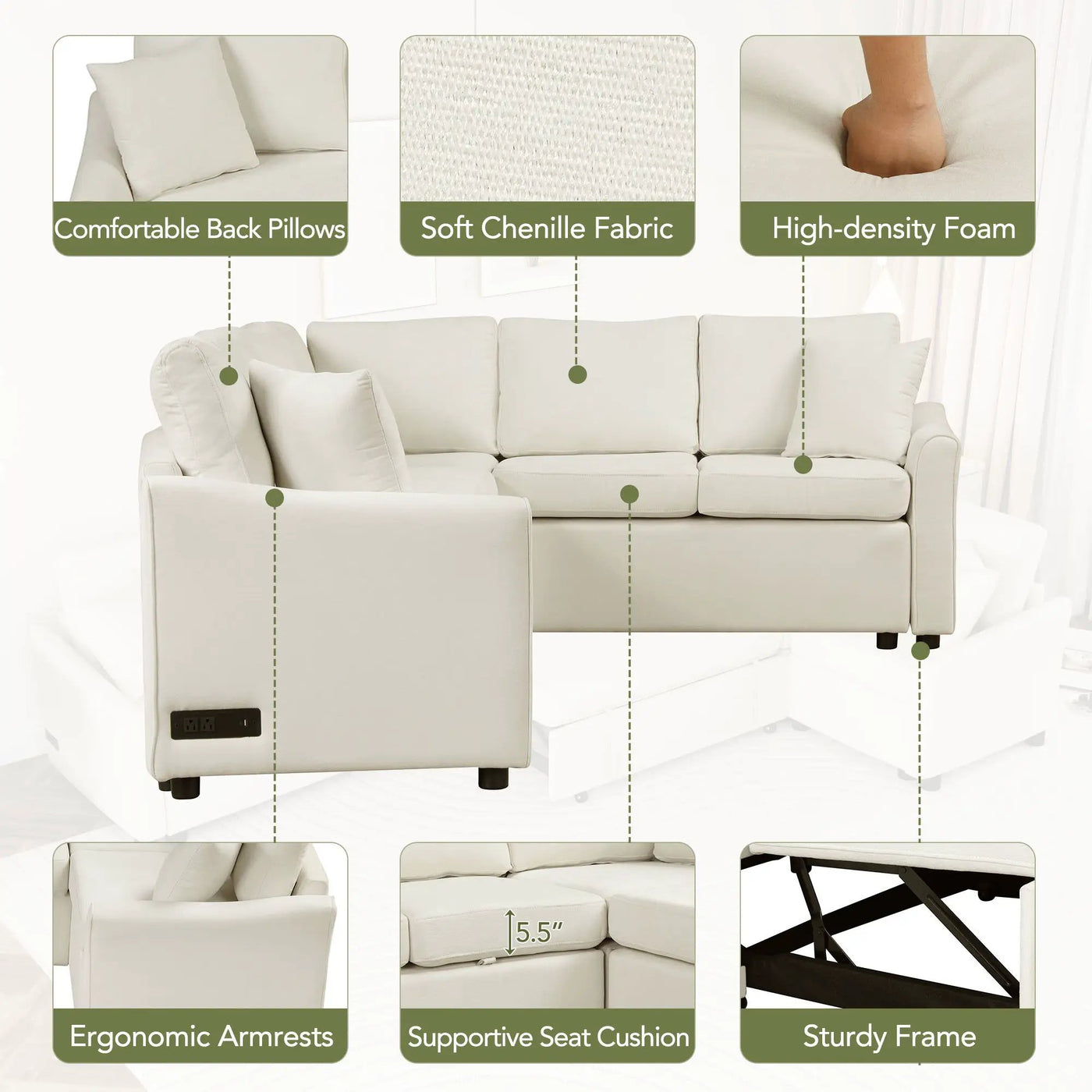 L-Shaped Sofa Convertible Sofa Bed Pull Out Sofa Sleeper With Two Back Pillows, Two USB Ports And Two Power Sockets For Living Room by HouseOfZazla