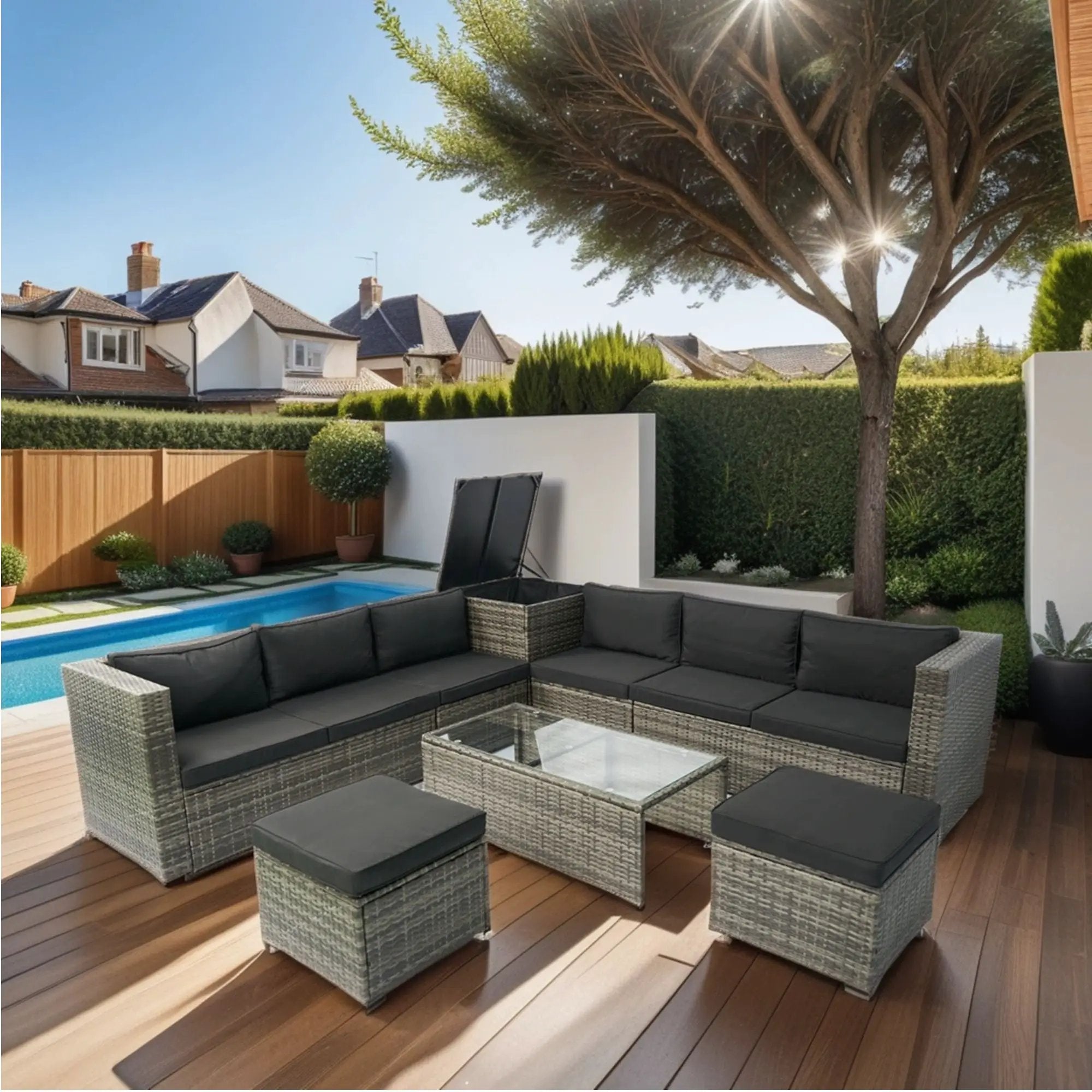 8 Piece Patio Sectional Wicker Rattan Outdoor Furniture Sof Set With One Storage Box Under Seat And Cushion Box - Gray / Black by HouseOfZazla