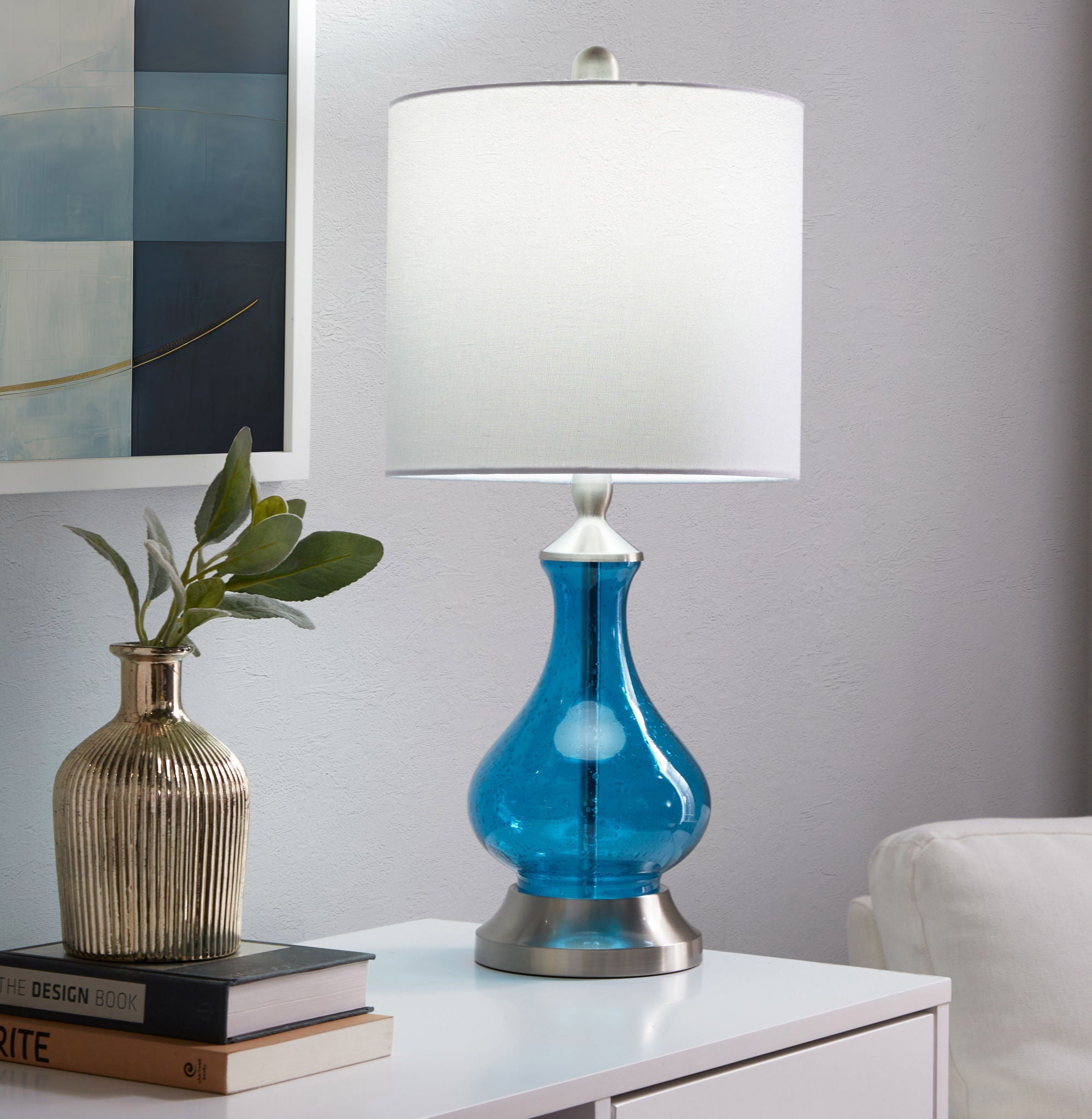 Jasmine - Contemporary Lamp - Clear Sapphire Blue Seeded / Nickel / White by HouseOfZazla