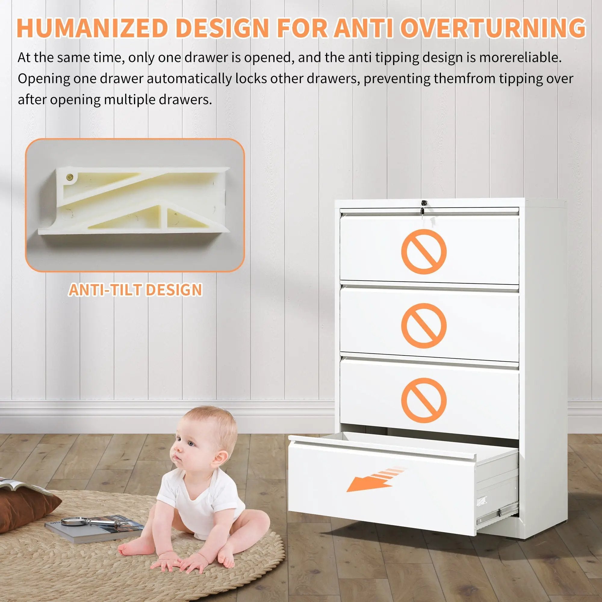 Lateral File Cabinet, Locking Heavy Duty, Anti-Tip Safety Interlock, Vertical Storage For Letter/Legal/A4 Files by Unique Piece Furniture