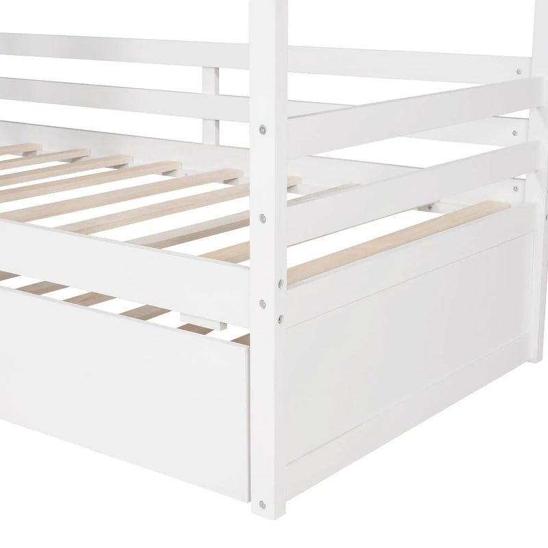 Twin Size Classic House Bed With Twin Size Trundle - White