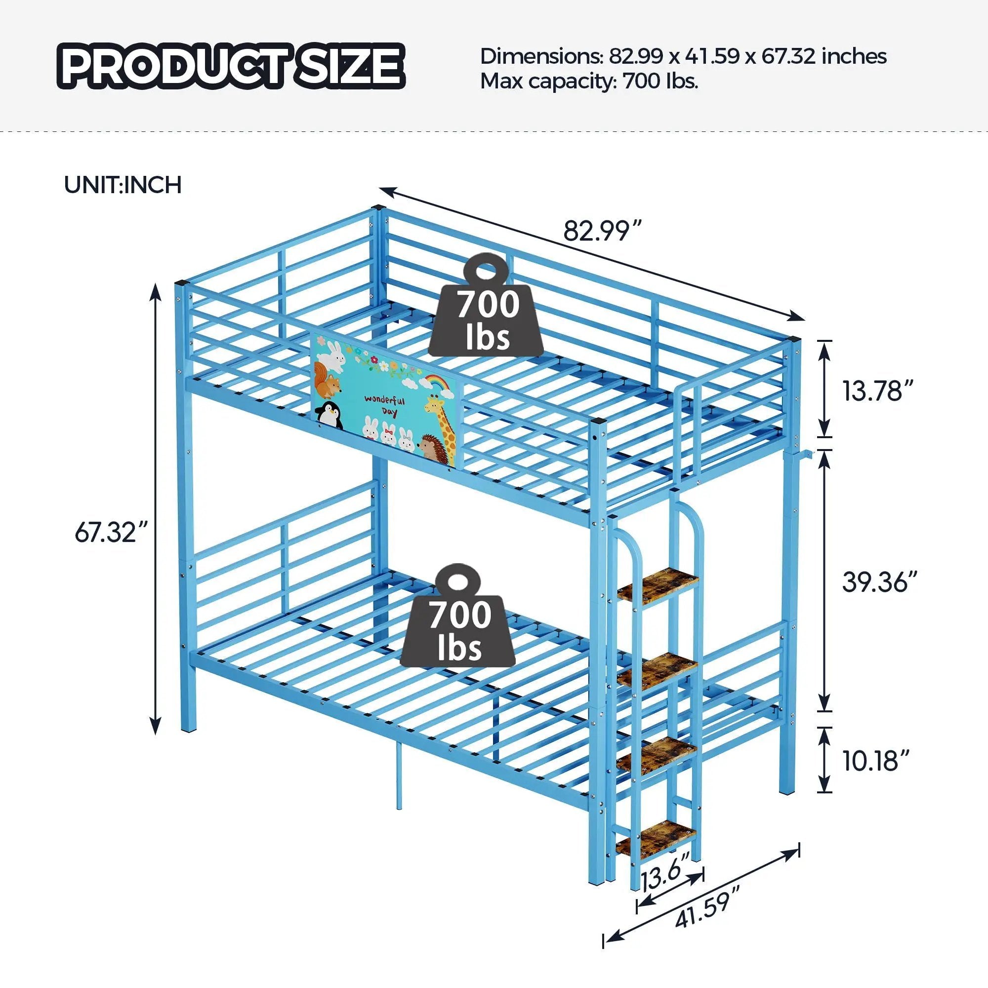 Bunk Bed, Convertible To 2 Separate Twin Size Beds With Full Length Guardrail & Ladder, No Box Spring Needed - Blue by HouseOfZazla