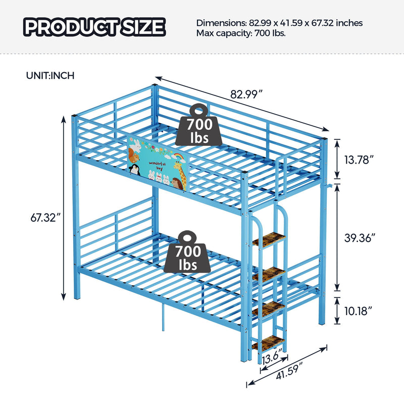Bunk Bed, Convertible To 2 Separate Twin Size Beds With Full Length Guardrail & Ladder, No Box Spring Needed - Blue by HouseOfZazla