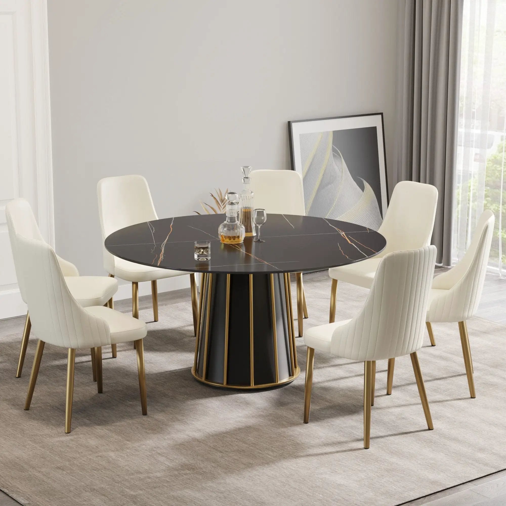 Modern Artificial Stone Round Metal Iron Base Dining Table, Can Accommodate 8 People, (Not Including Chairs) - Black by HouseOfZazla