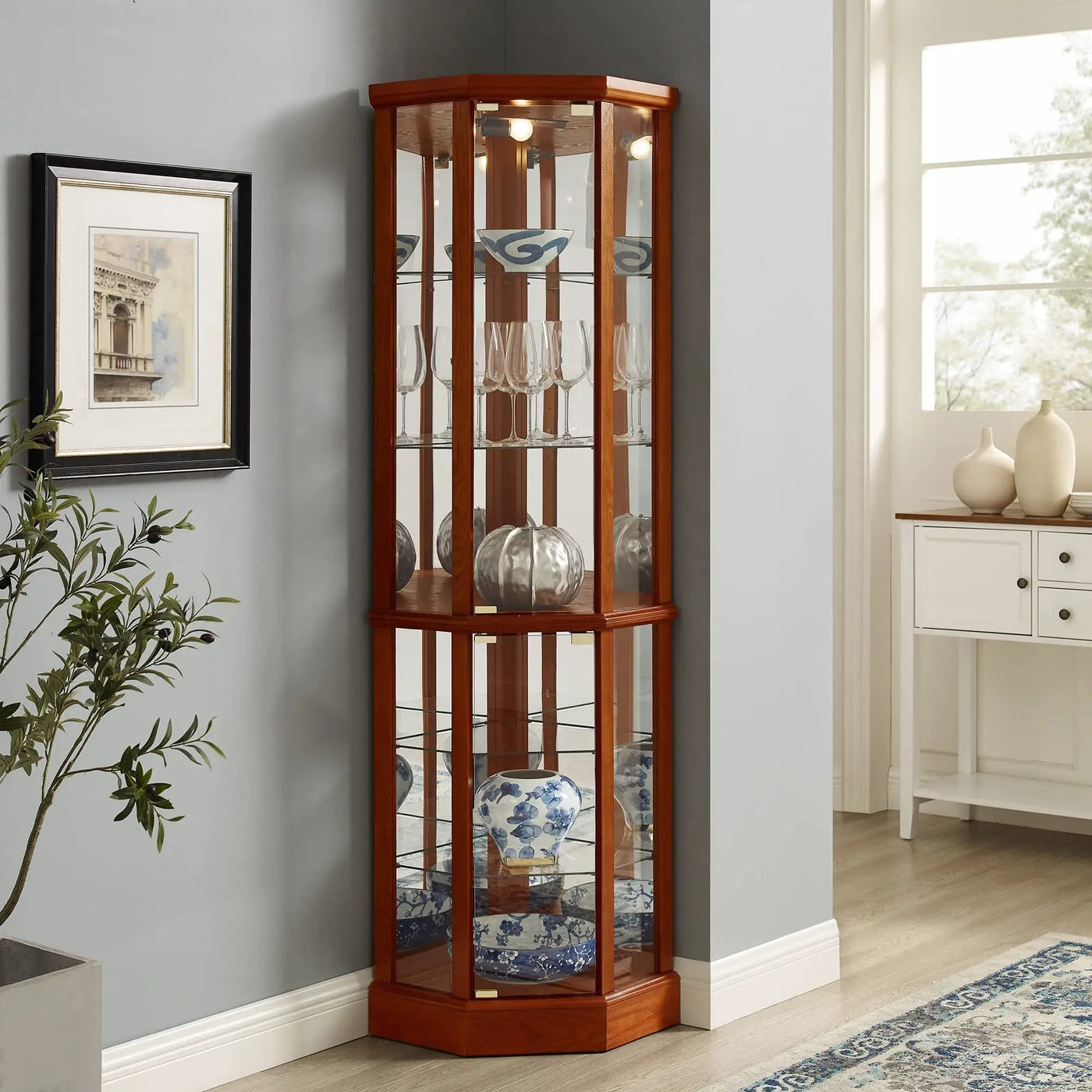 6 Shelf Lighted Corner Curio Cabinet With Adjustable Tempered Glass Shelves And Mirror Back (E26 Light Bulb Not Included) by Unique Piece Furniture