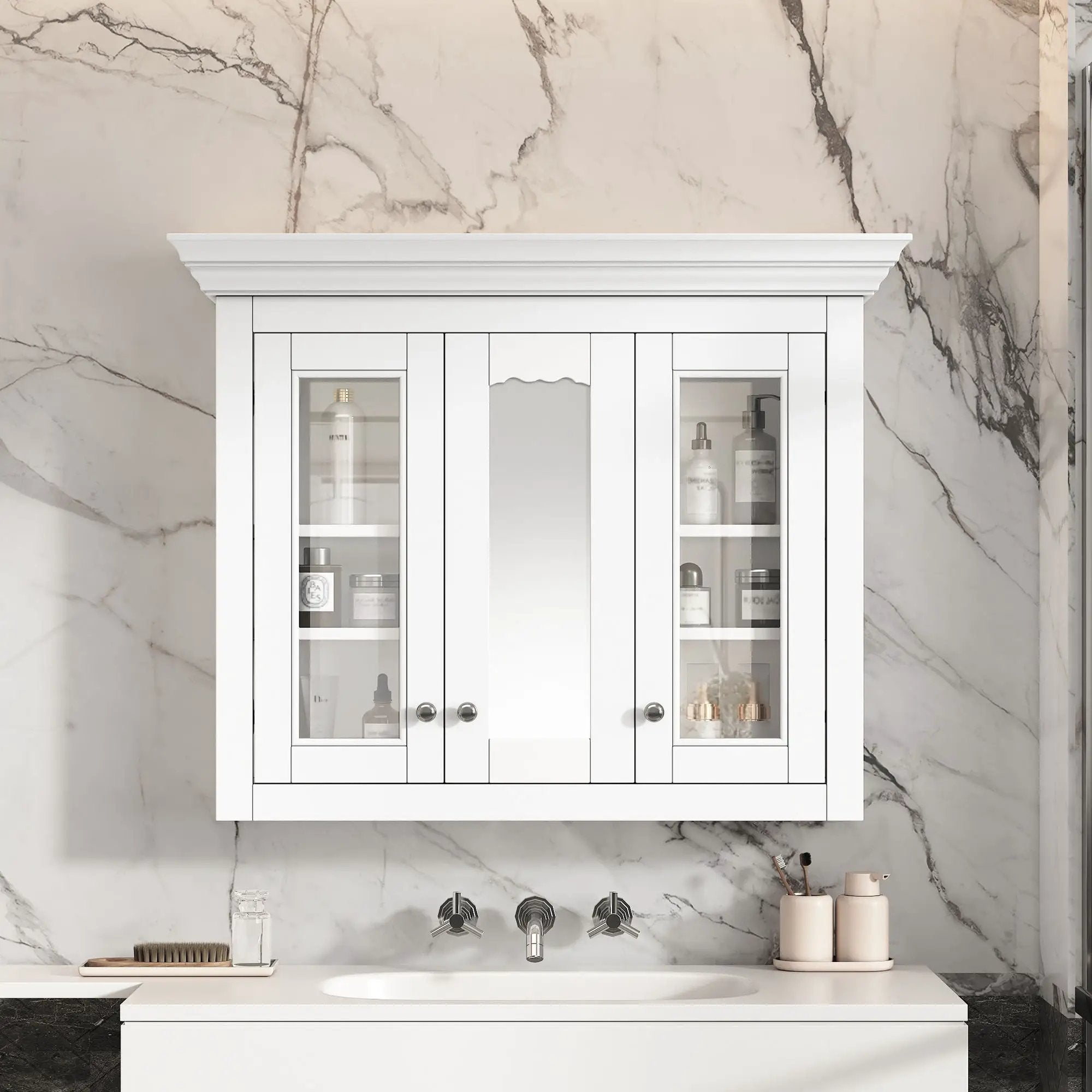 Bathroom Medicine Cabinet With Mirror, 5 Adjustable Closed Shelves, Wall-Mounted - White by Unique Piece Furniture