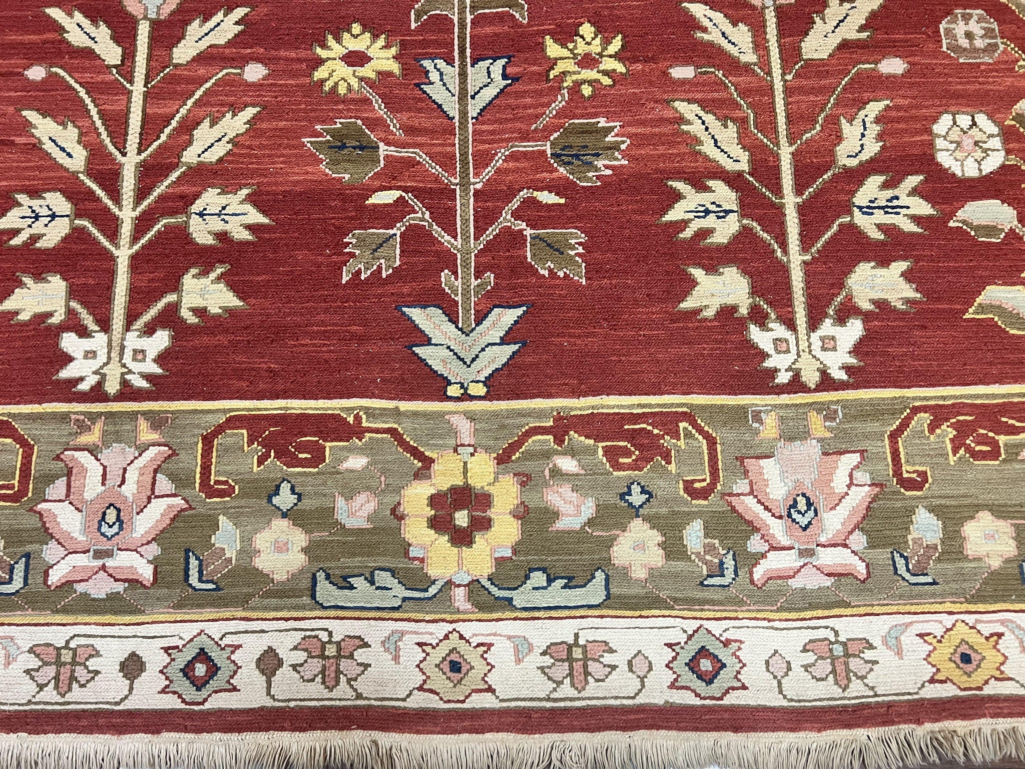 Indian Rug 10x14, Wool Hand Knotted Flatweave Carpet, Tree of Life, Red and Green by Jewel Rugs