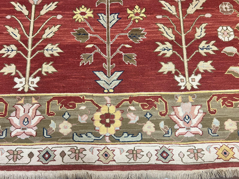 Indian Rug 10x14, Wool Hand Knotted Flatweave Carpet, Tree of Life, Red and Green by Jewel Rugs