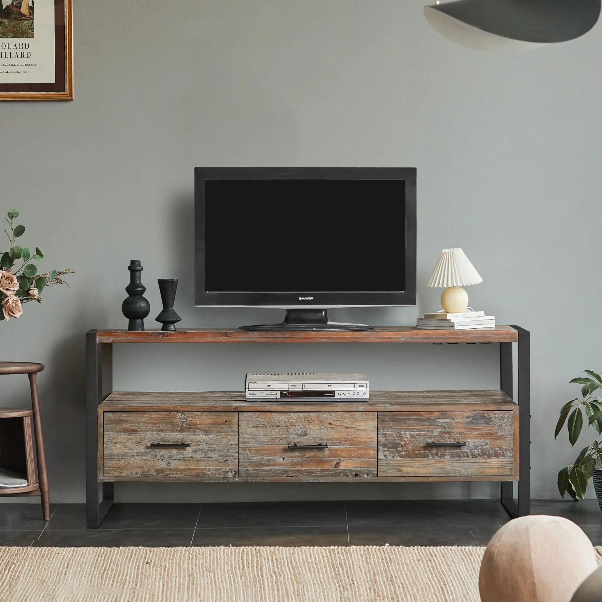 Reclaimed Wood Media TV Console Table With 3 Drarwer, Open Shelf - Antique Gray by HouseOfZazla