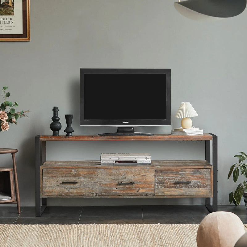 Reclaimed Wood Media TV Console Table With 3 Drarwer, Open Shelf - Antique Gray by HouseOfZazla