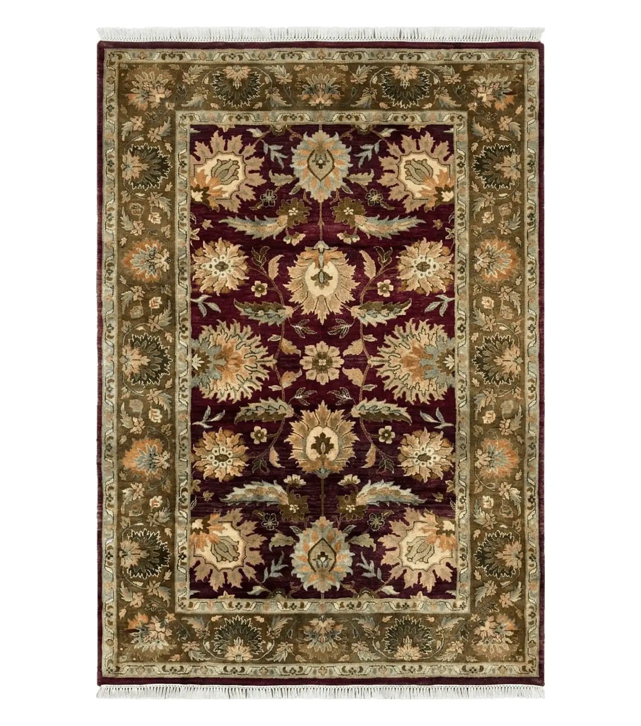 Indo Mahal Rug 6x9, Large Flowers Allover, Maroon and Green, Handmade Wool Area Rug, Vintage Rug, Indian Oriental Carpet, Hand Knotted Rug by Jewel Rugs