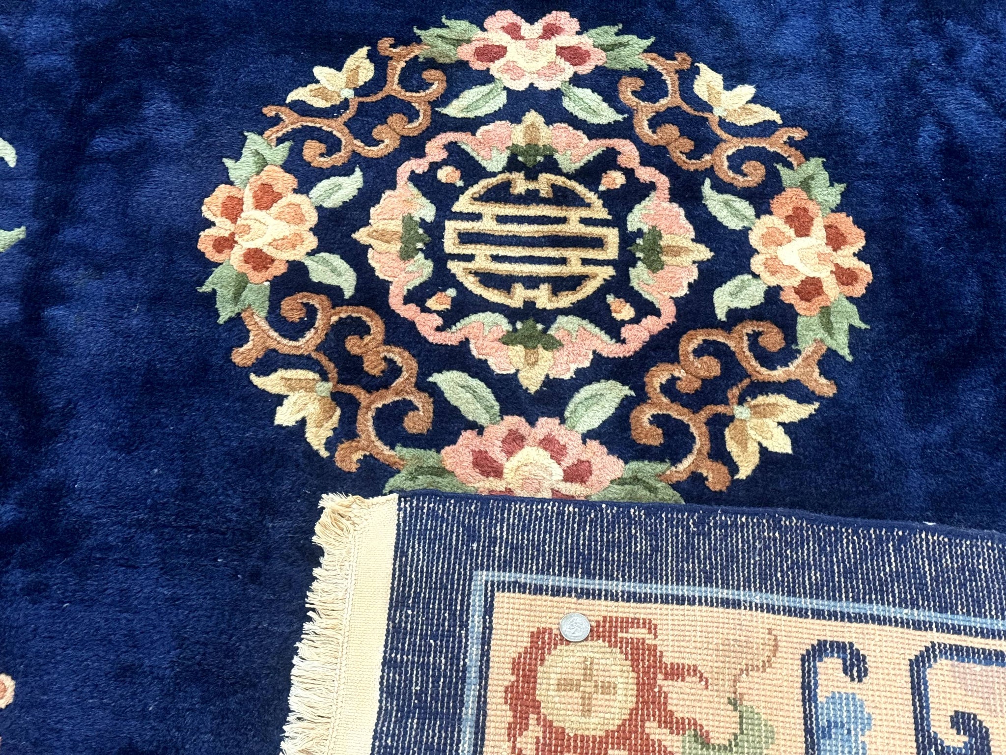Chinese Wool Rug 8x11, Navy Blue and Beige, Simple Design, Fete Carpet by Jewel Rugs