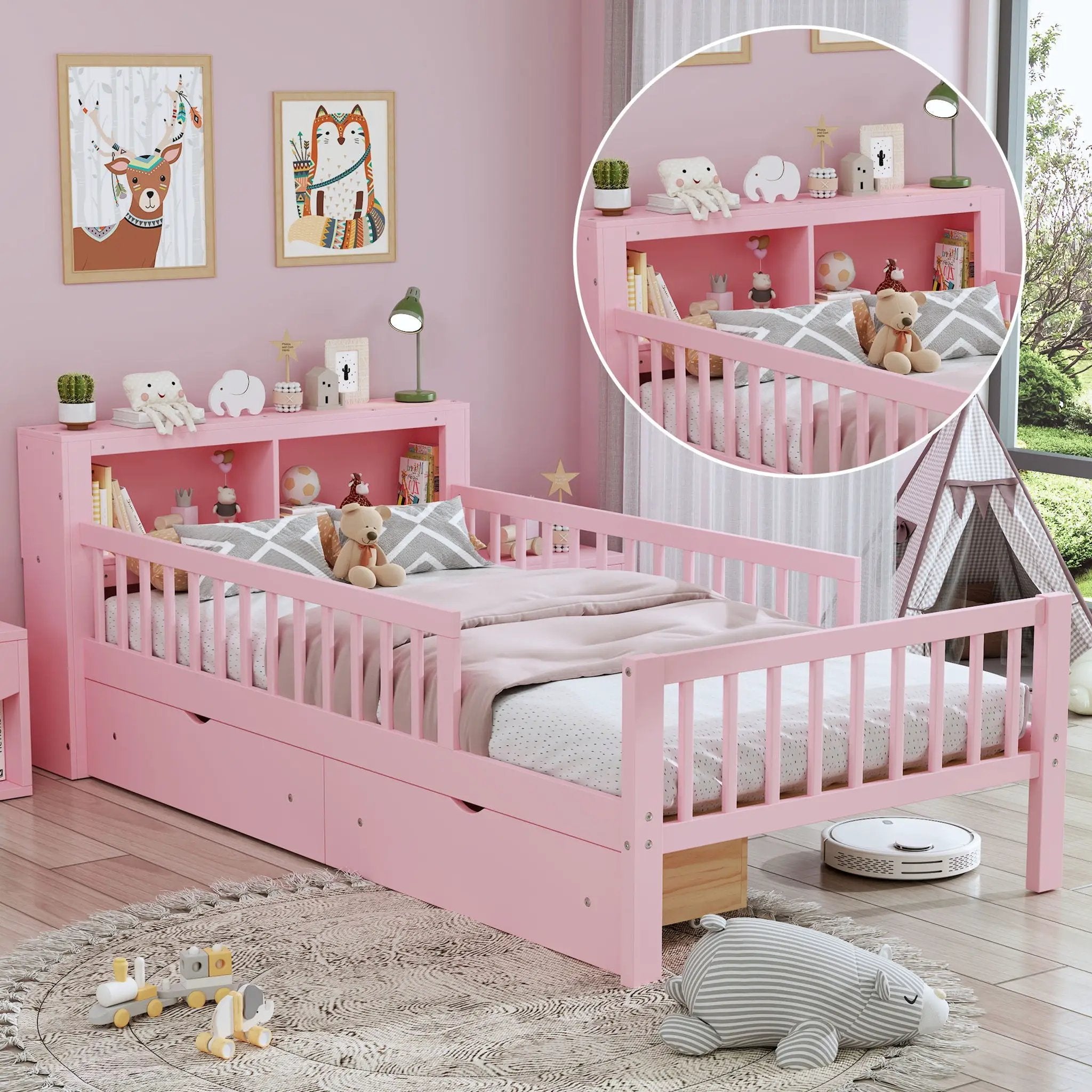 Bed With Headboard Storage Rack, 2 Under Bed Drawers, 3 Side Guardrails For Safety by Unique Piece Furniture