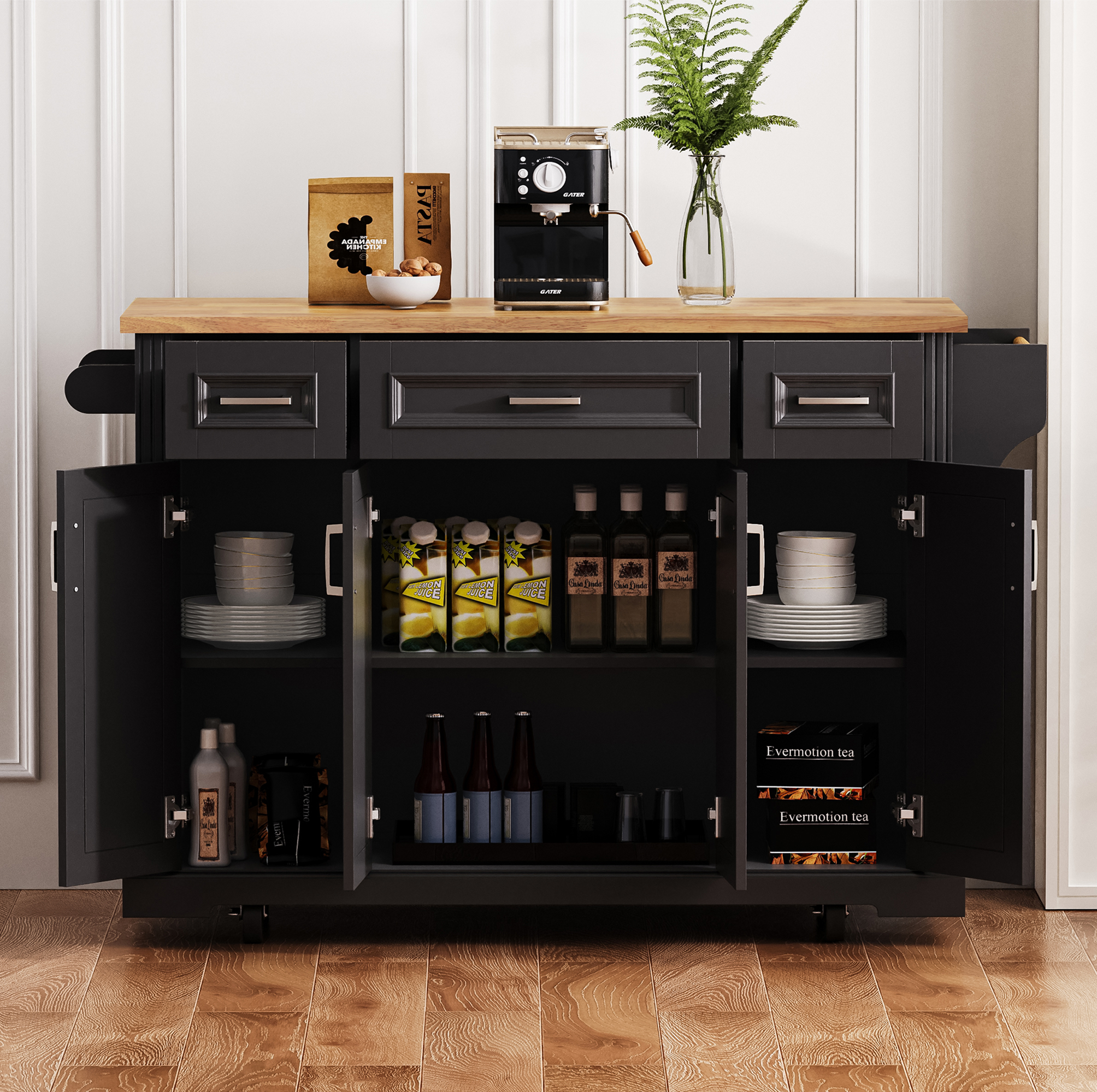 K&K 54 Inch Large Kitchen Island with Rubber Wood Drop Leaf by HouseOfZazla