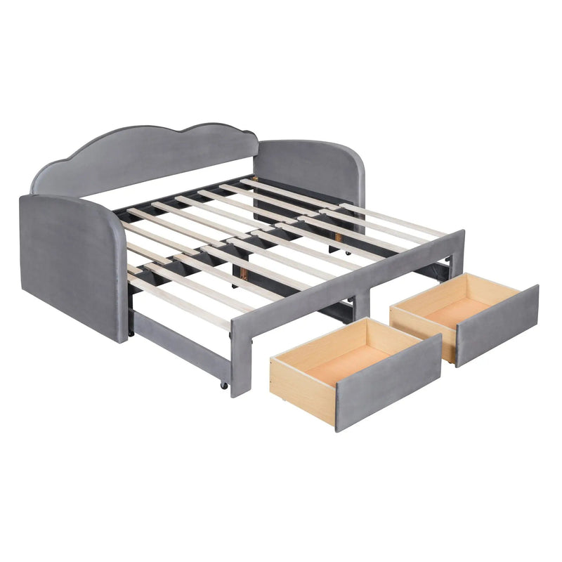 Upholstered Daybed With Cloud-Shaped Backrest, Trundle & 2 Drawers And USB Ports by HouseOfZazla