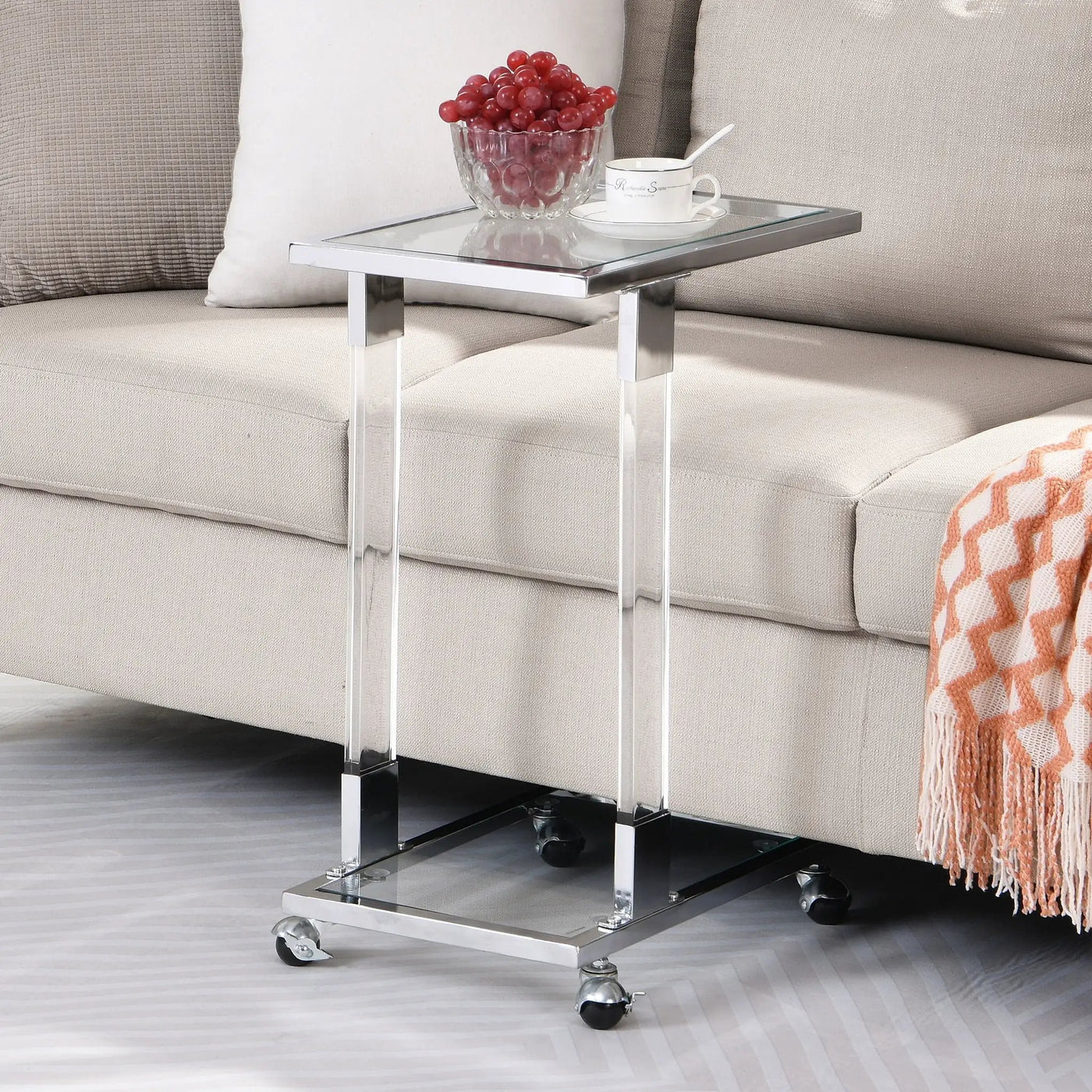 Side Table, Sofa Table, Glass Top C Shape Square Table With Metal Base For Living Room, Bedroom, Balcony Home And Office by Unique Piece Furniture
