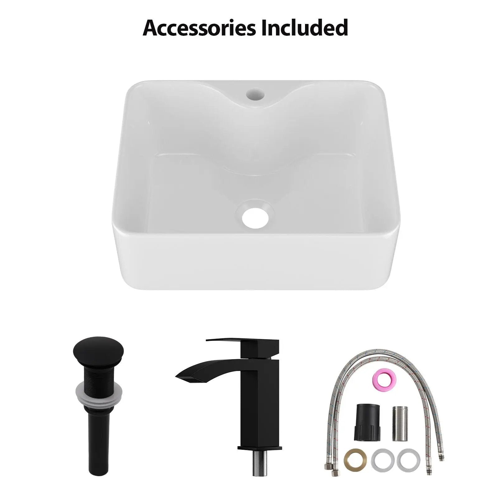 Rectangular Vessel Sink With Faucet & Drain - White / Black by HouseOfZazla