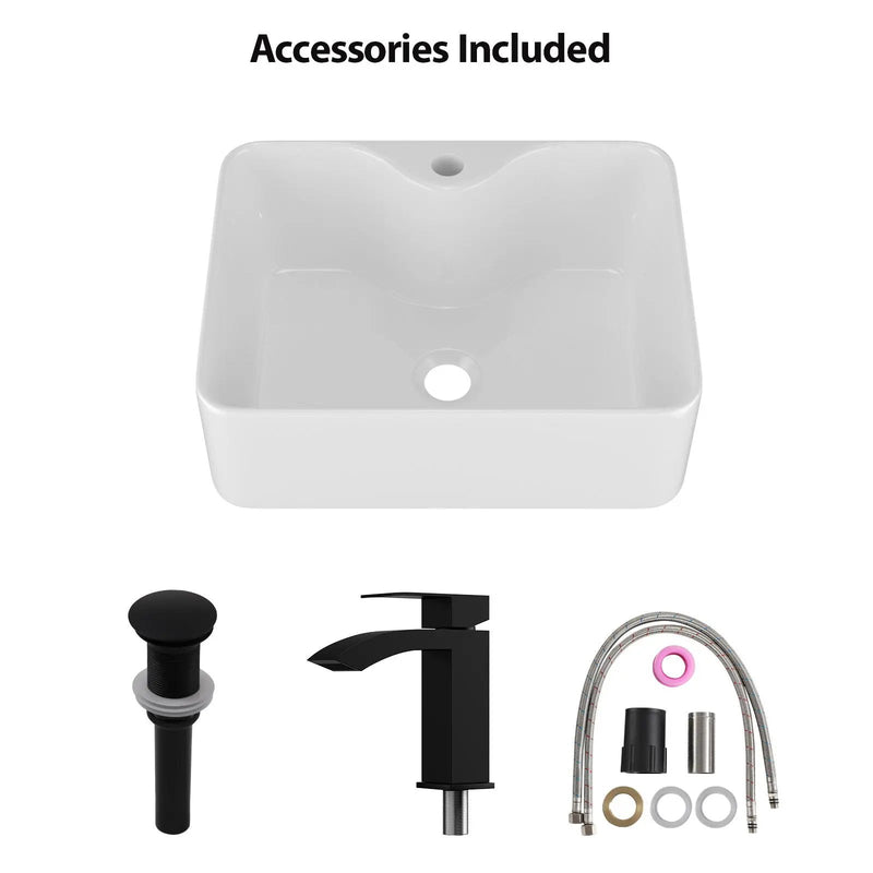 Rectangular Vessel Sink With Faucet & Drain - White / Black by HouseOfZazla
