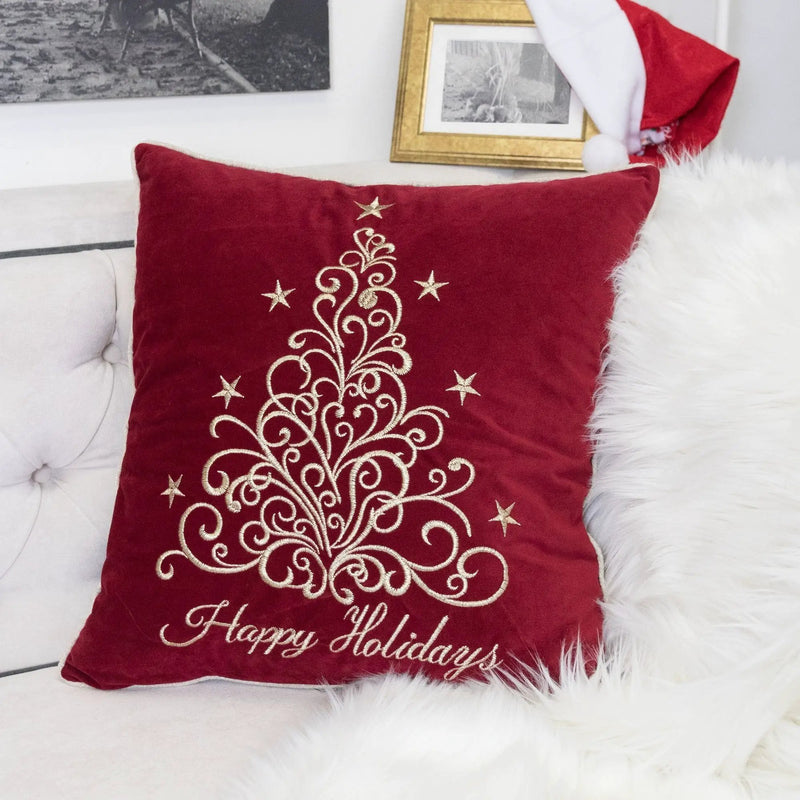 Red Velvet Holiday Pillow with Gold Embroidery by HouseOfZazla