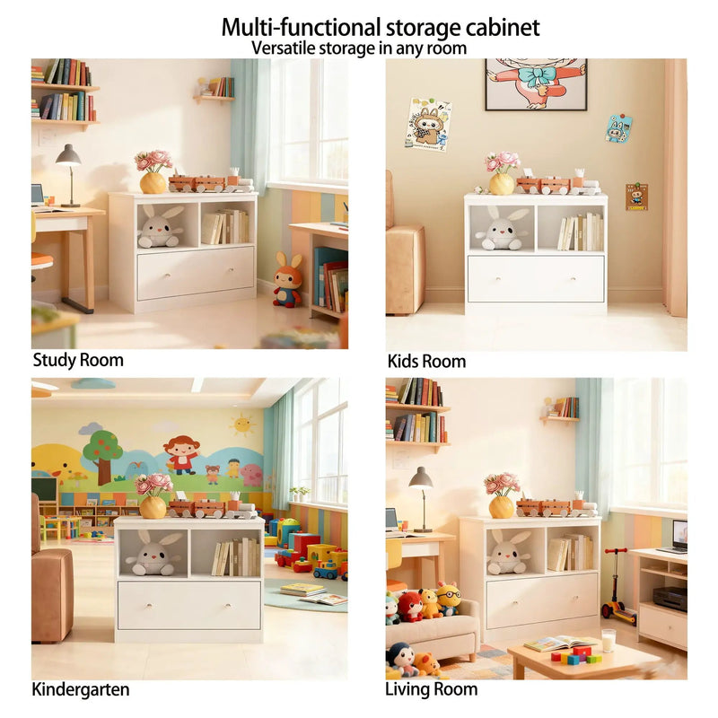 Toy Storage Organizer With Large Drawer And Low Bookshelf For Nursery & Playroom - White by HouseOfZazla
