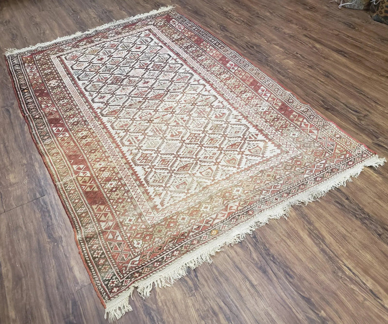 Antique Caucasian Shirvan Rug 4x6, Dagestan Area Rug, Wool Hand-Knotted Soft Red & Ivory 1920s Oriental Carpet, Soft Muted Colors by Jewel Rugs