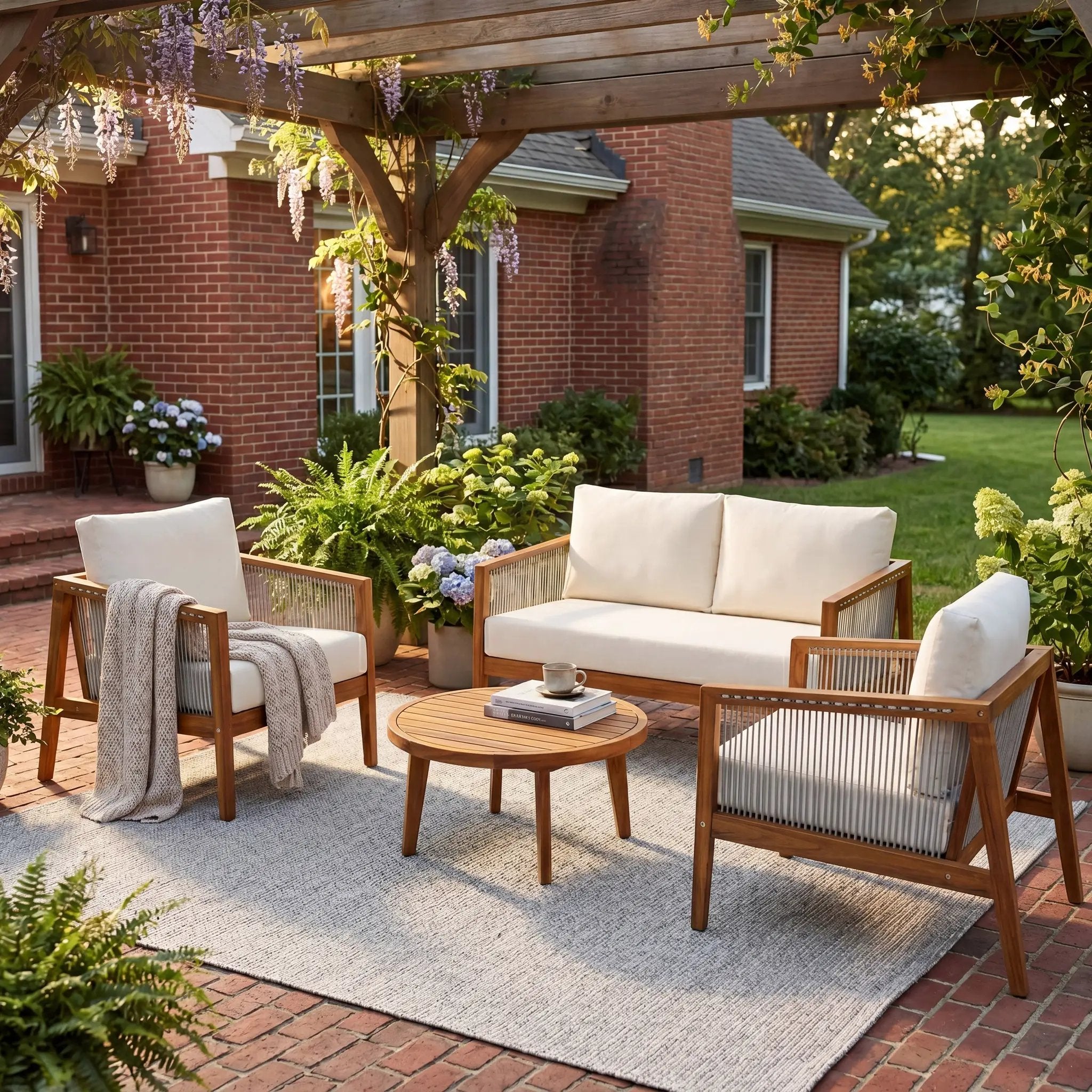 Outdoor 4-Piece Sofa Set, Acacia Wood Frame with Rope Detail, Water-Repellent by HouseOfZazla