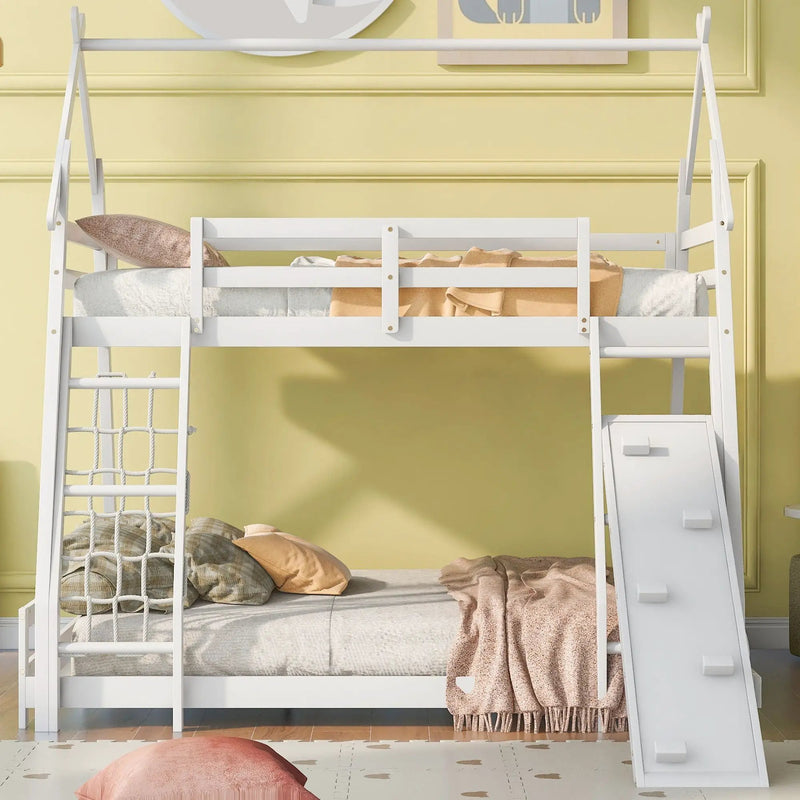 Twin Over Queen House Bunk Bed With Climbing Nets And Climbing Ramp by Unique Piece Furniture