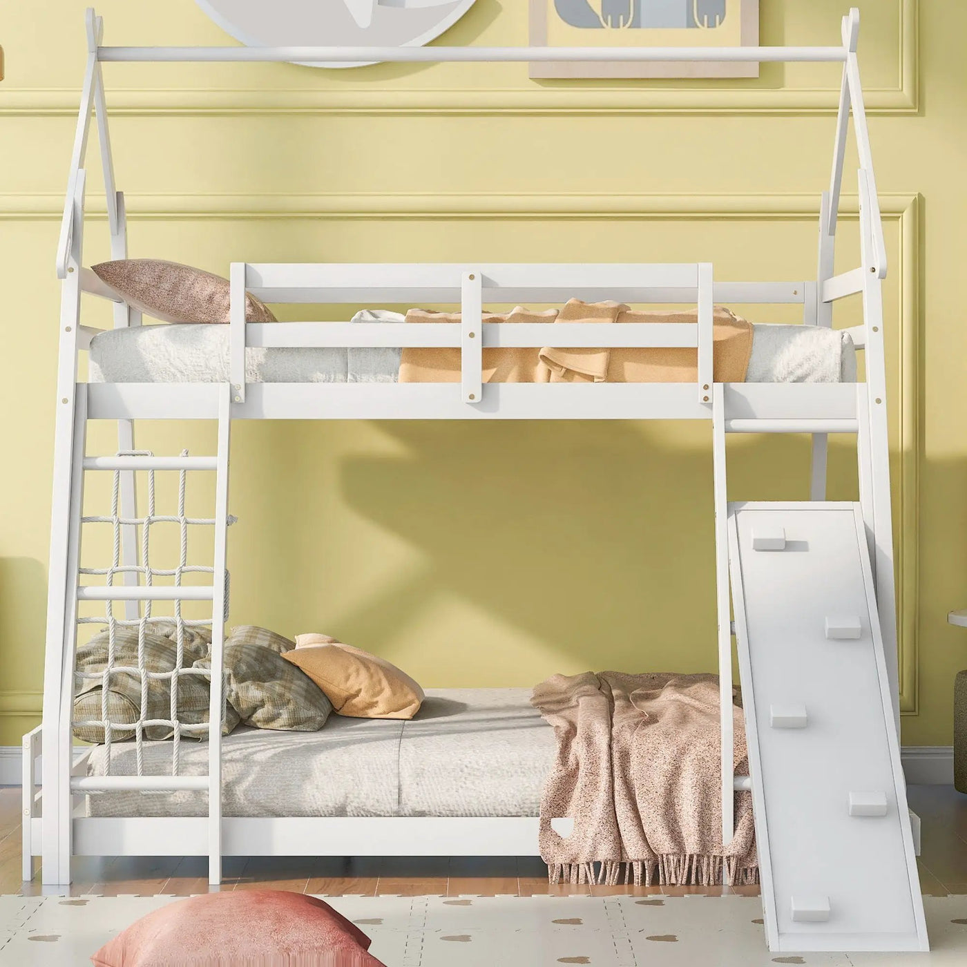 Georgiana - Twin Over Queen House Bunk Bed With Climbing Nets And Climbing Ramp by Unique Piece Furniture