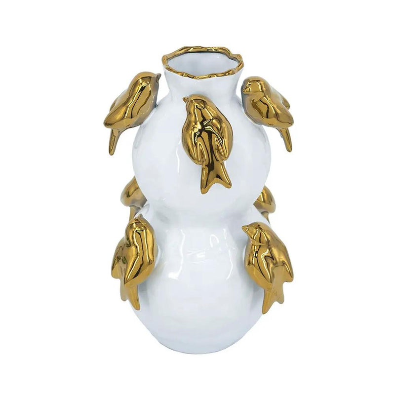 8.5x8.5x14 White Two-Tiered Ceramic Vase with Gold Bird Accents by HouseOfZazla