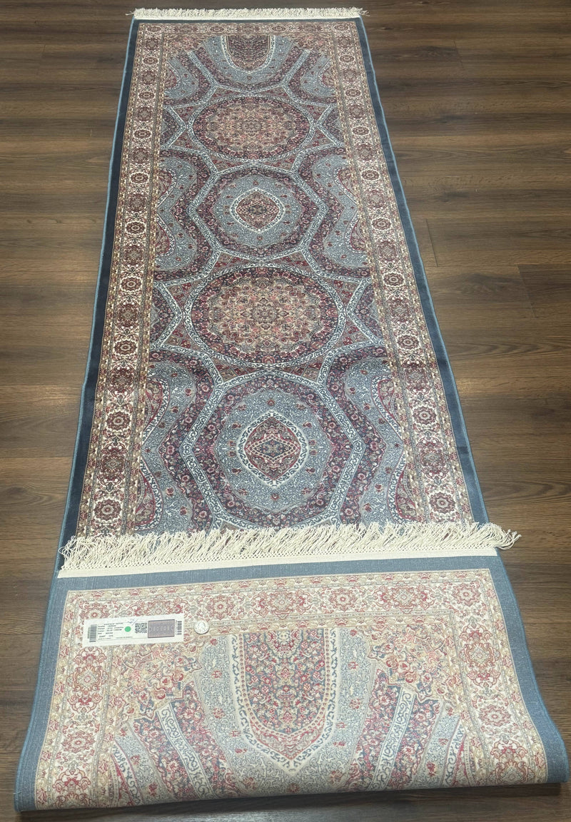 Turkish Silk Runner Rug 2.6 x 10, Light Blue Carpet, Bamboo Silk, New by Jewel Rugs
