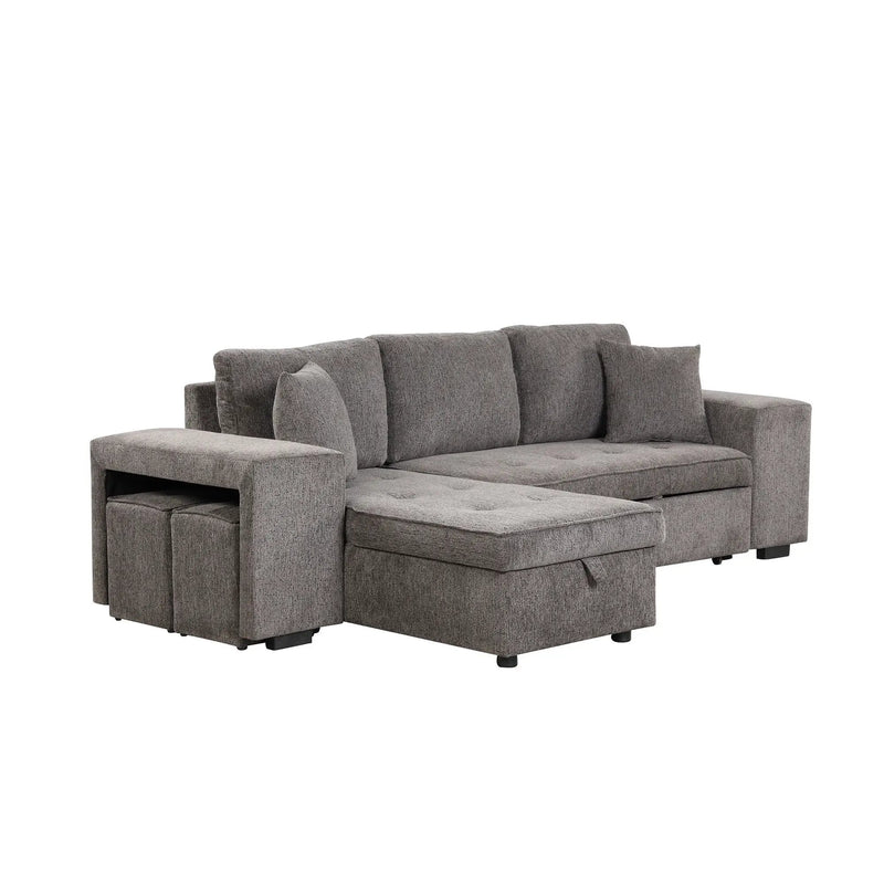 Modern L-Shape 3 Seat Reversible Sectional Couch, Pull Out Sleeper Sofa With Storage Chaise And 2 Stools For Living Room Furniture Set by HouseOfZazla