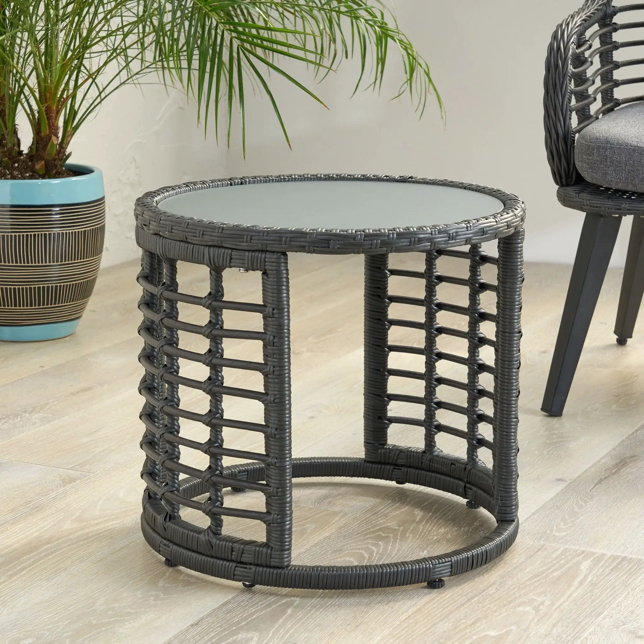 Achill Outdoor Modern Boho Wicker Side Table With Glass Top - Gray by HouseOfZazla
