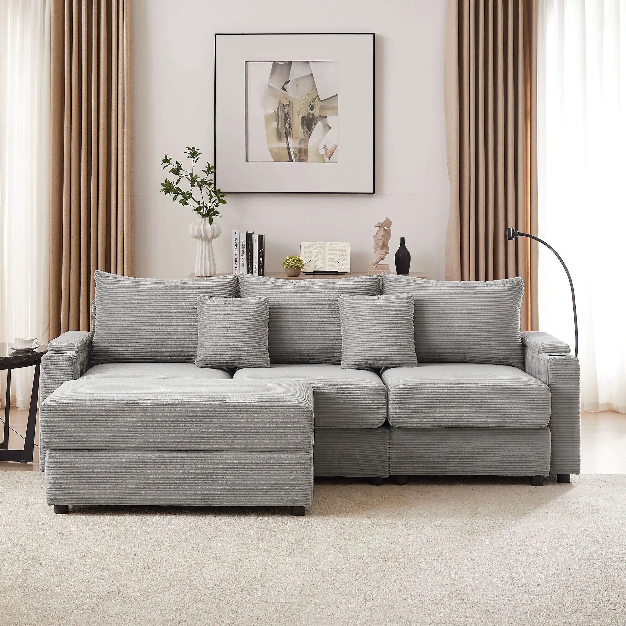 Modern Style Loveseat Sofa Sectional Sofa Couch With Storage Space, A Movable Ottoman, Two USB Ports, Two Cup Holders, A Phone Holder For Living Room by HouseOfZazla