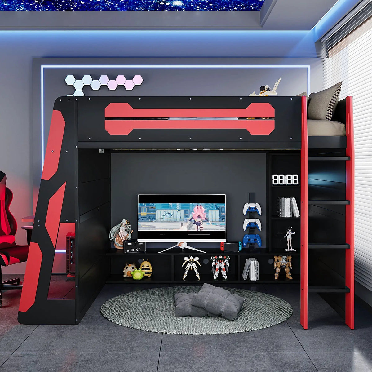 Full Size Wood Loft Bed with Desk, Multi-storage Shelves and RGB Light, photo 3 of 10