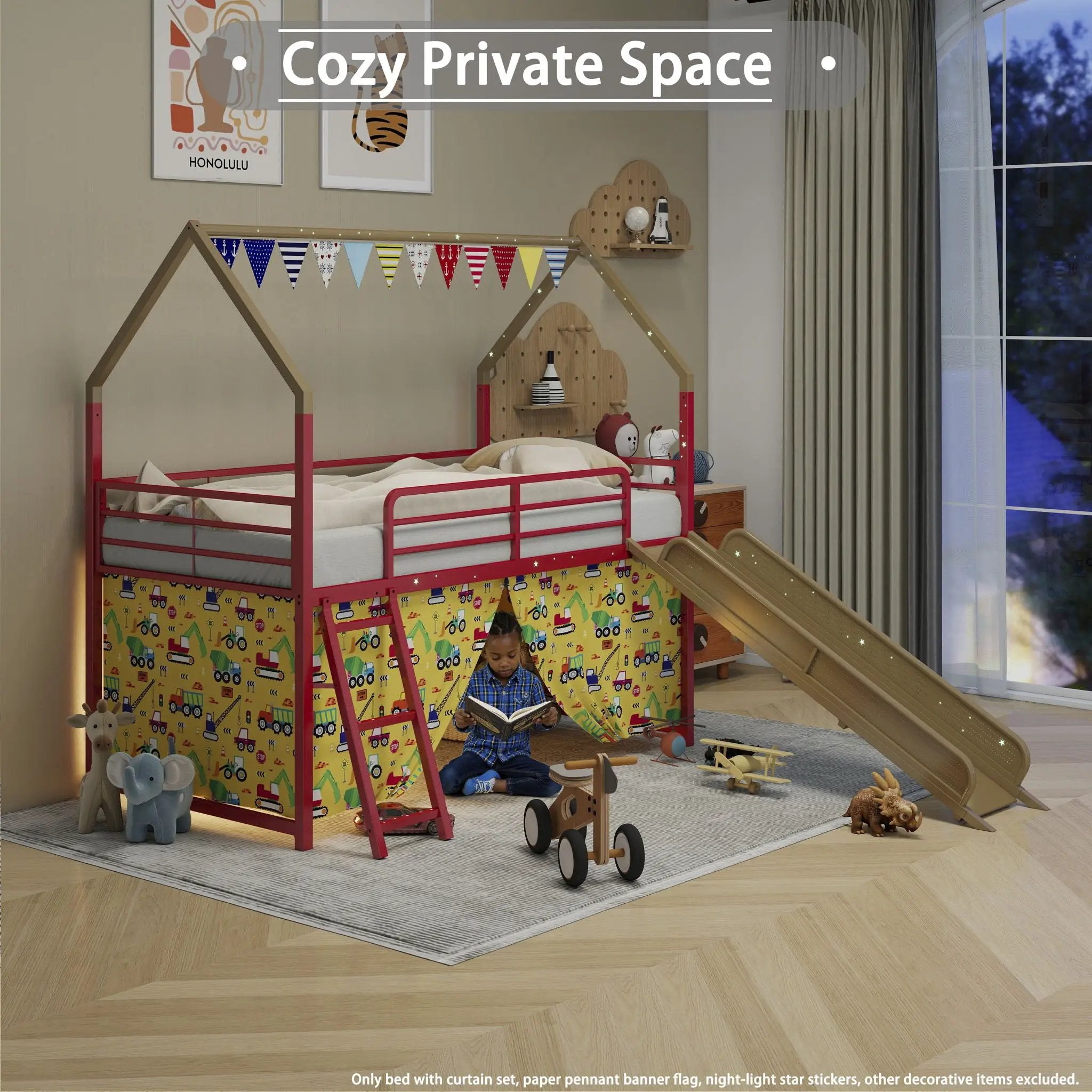 Jack - House Loft Bed With Slide And Curtain Set by HouseOfZazla