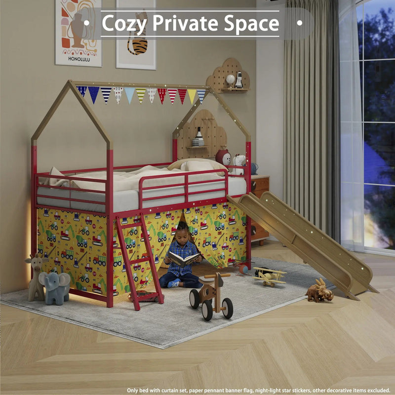 Jack - House Loft Bed With Slide And Curtain Set by HouseOfZazla
