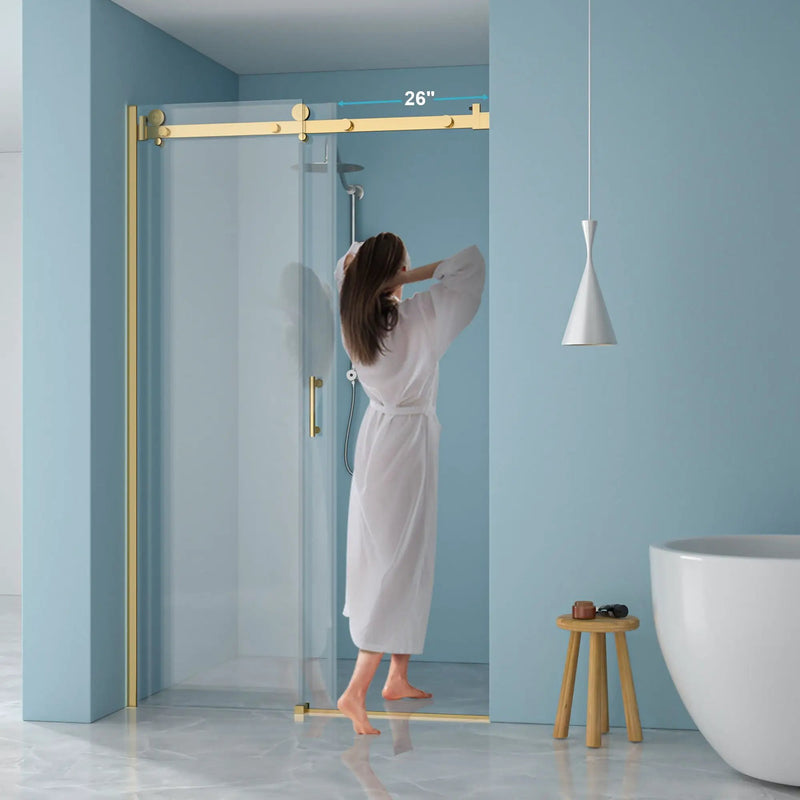 Modern Single Slide Shower Door, Tempered Glass, Stainless Steel Frame by HouseOfZazla