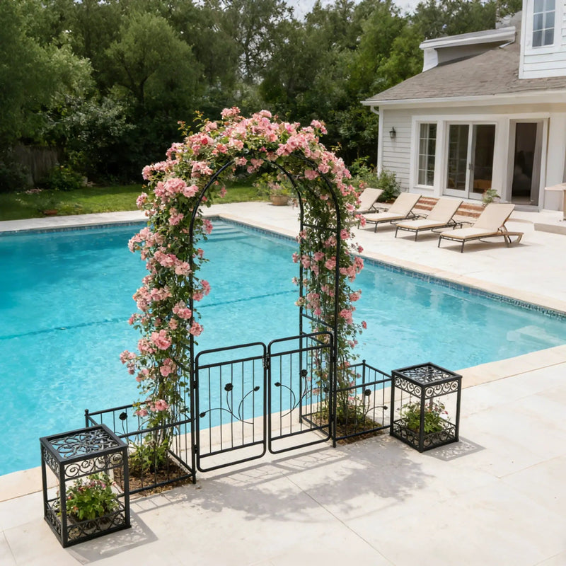 Metal Garden Arch With Gate Wide High Climbing Plants Support Rose Arch Outdoor - Black by HouseOfZazla
