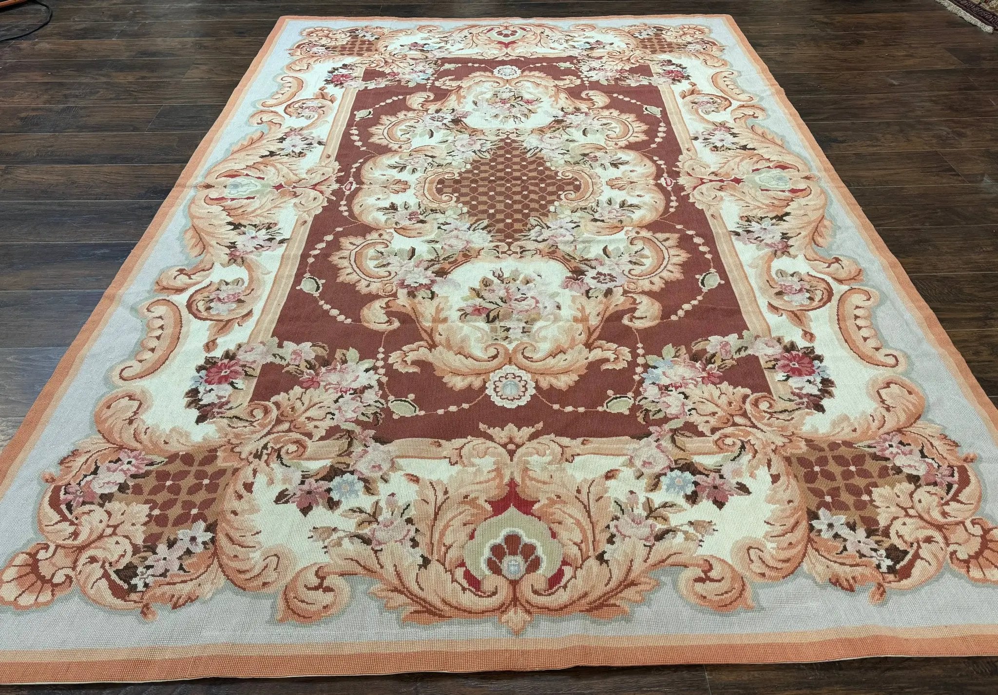 Vintage Needlepoint Rug 6x9, Aubusson Rug, Flatweave Wool Elegant Carpet, Medium Size, French European Design by Jewel Rugs