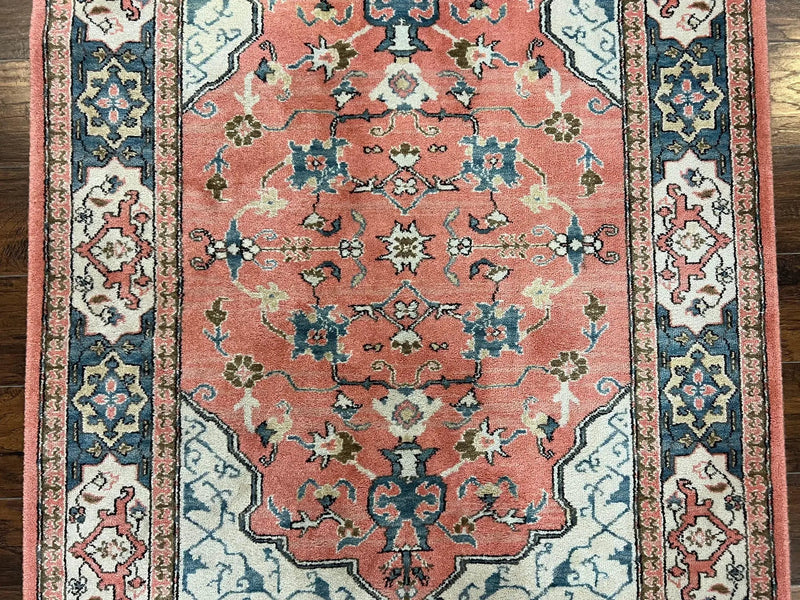 Karastan Rug 4x6 Bergama Design #737, Karastan Area Rug, Vintage Wool Karastan Carpet, Original Collection 700 Series, Salmon Red Light Blue by Jewel Rugs