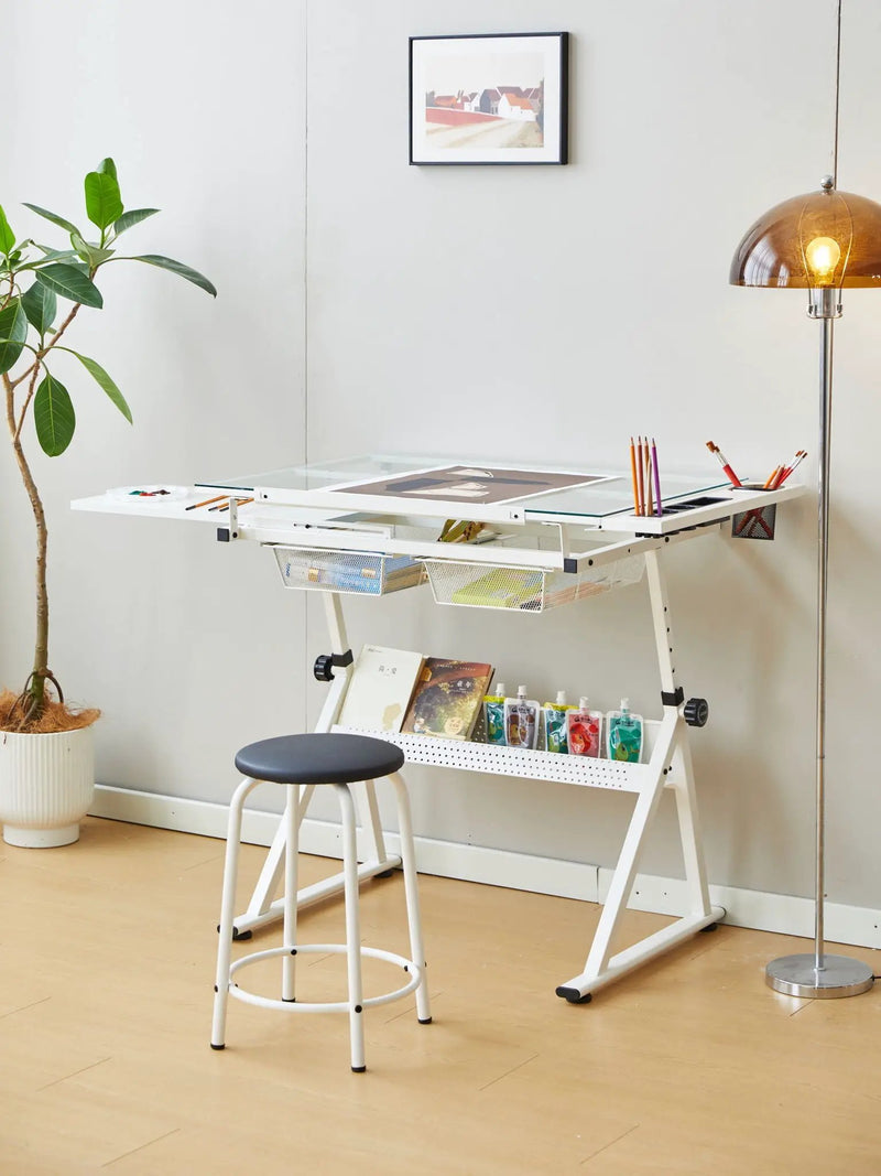 Adjustable Tempered Glass Drafting Printing Table With Chair by Unique Piece Furniture